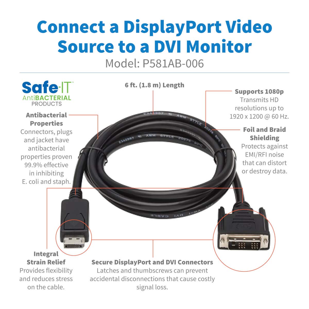 TRIPP LITE Safe-IT DisplayPort to DVI Cable, DP to DVI-D Single Link Adapter (M/M), 6 Feet / 1.8 Meters, Limited Life Manufacturer's Warranty