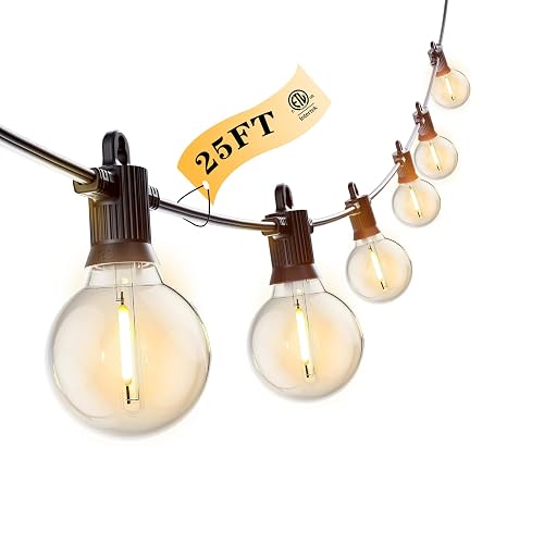 Kawaya Outdoor String Lights 25 FT LED Patio Light with 12+1 Shatterproof Edison Globe Bulbs - IP65 Waterproof Dimmable Hanging Lights - 2700K Warm
