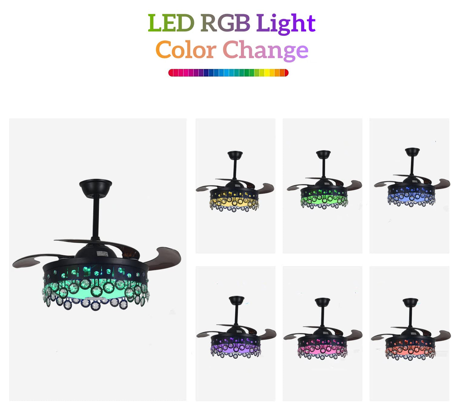 FANEPRO 42" Retractable Ceiling Fan with Lights Remote Control, Black Crystal Fandelier Smart 7 Color Dimmable LED Chandelier with Bluetooth Speaker