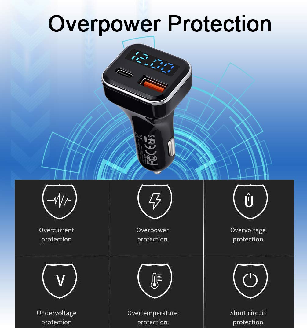 BANVIE USB C Car Charger with LED Voltage Display, 30W 2-Port Fast Charging Adapter with PD3.0&QC3.0 Compatible with iPhone 12 Pro Max/11 Pro
