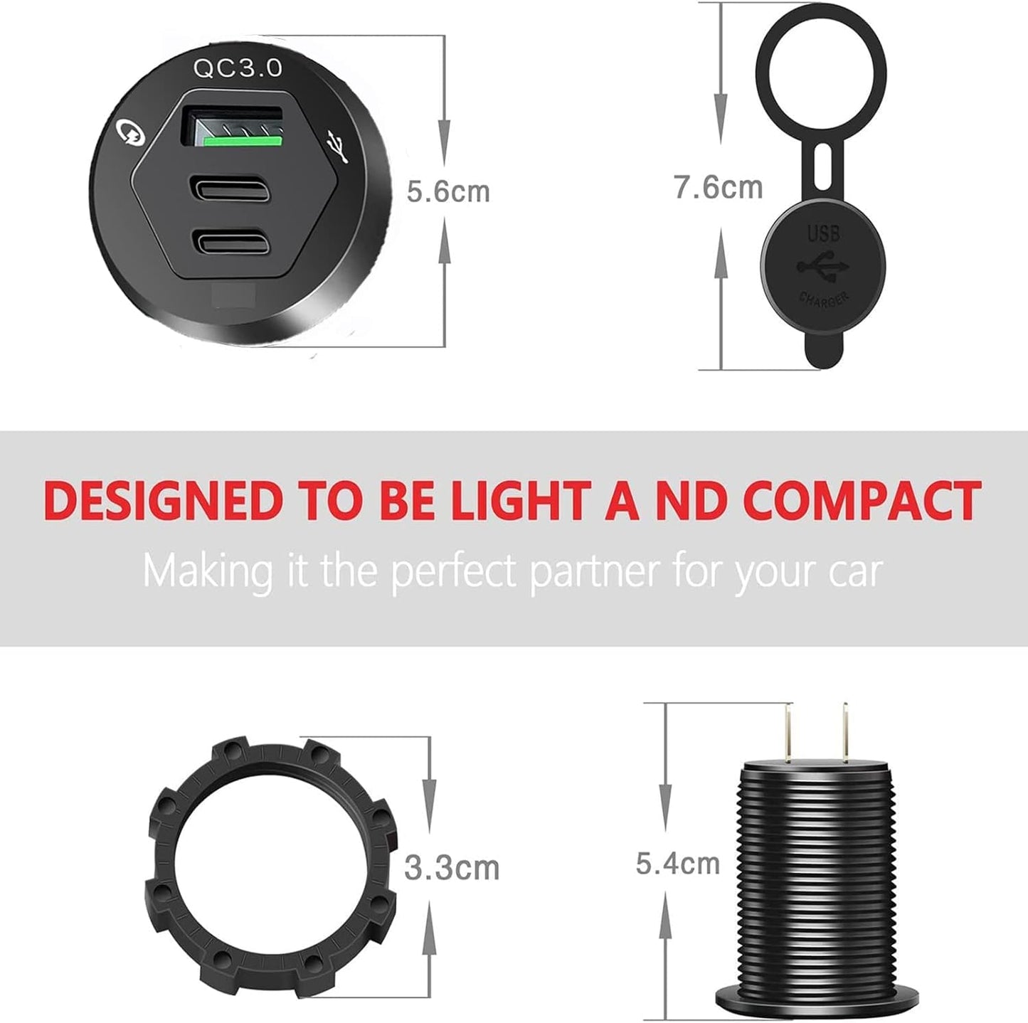 USB C Car Charger Socket, Marine Grade 12V Outlet with Dual 18W PD Ports & QC 3.0 Fast Charging, IP66 Waterproof Aluminum Flush Mount for Car, Boat