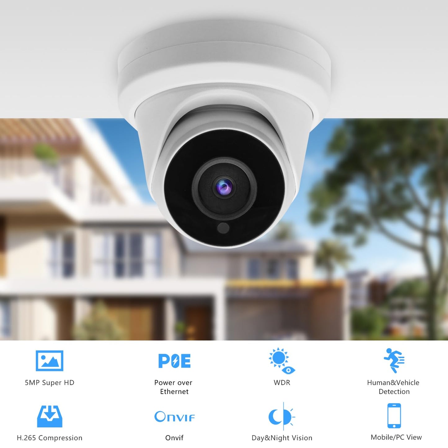 Tennoz 5MP IP PoE Turret Camera Outdoor, PoE IP Security Dome Camera with 80ft Night Vision, 2.8mm Lens, 105° Wide Angle, H.265, Built-in Mic, WDR