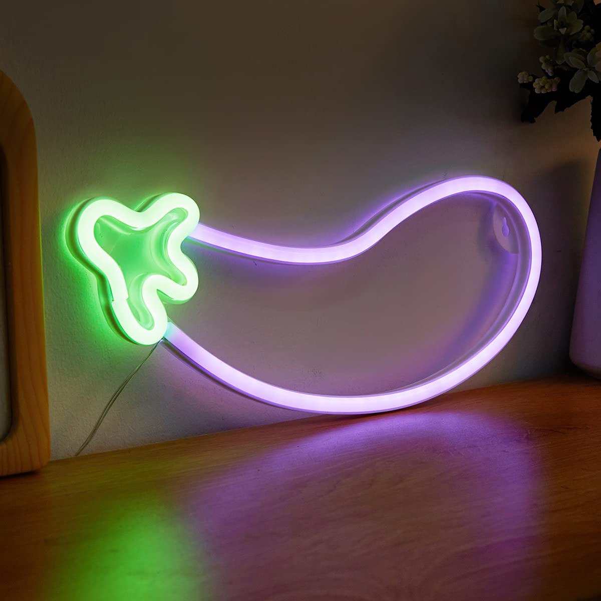Chi-buy Eggplant Neon Sign, USB & Battery Powered Neon Light for Wall, No Install Game Room, Bedroom, Living Room Decor, Funny Night Light, Unique