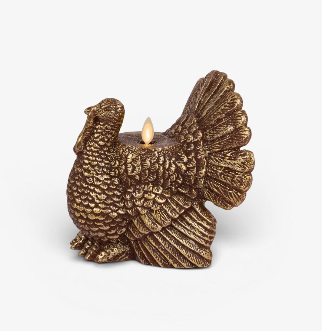 Luminara EXC COL Turkey Flameless Figural Flickering LED Candle (6" x 6"), Metallic Cappuccino Finish Real Unscented Wax, Time Function, Fall Harvest