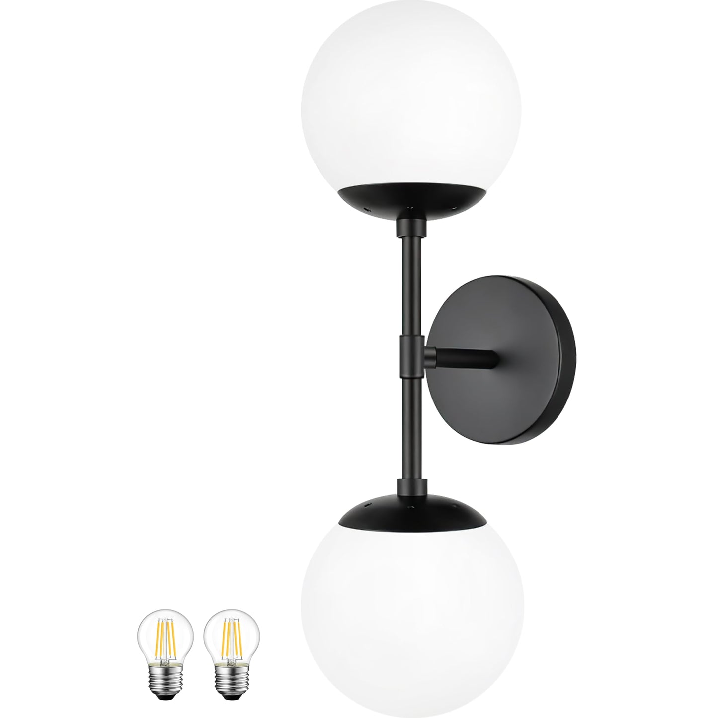 KoKo&Yukina Mid Century Modern Bathroom Matte Black Bathroom Vanity Light Fixtures Globe Sconce 2 Light Vanity Light Milky White Vanity Light Mid