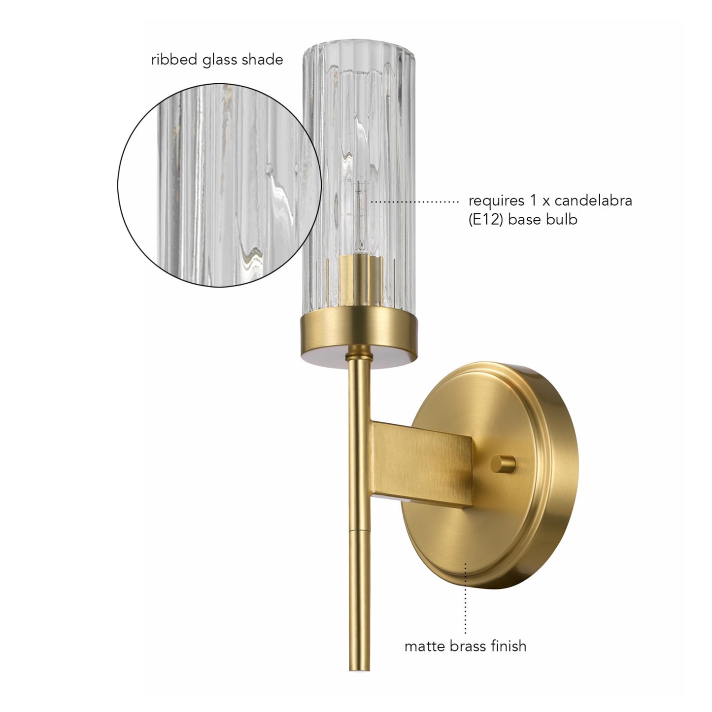 Globe Electric 1-Light Wall Sconce, Matte Brass, Ribbed Clear Glass Shade, E12 Candelabra, Dimmable, 65000103