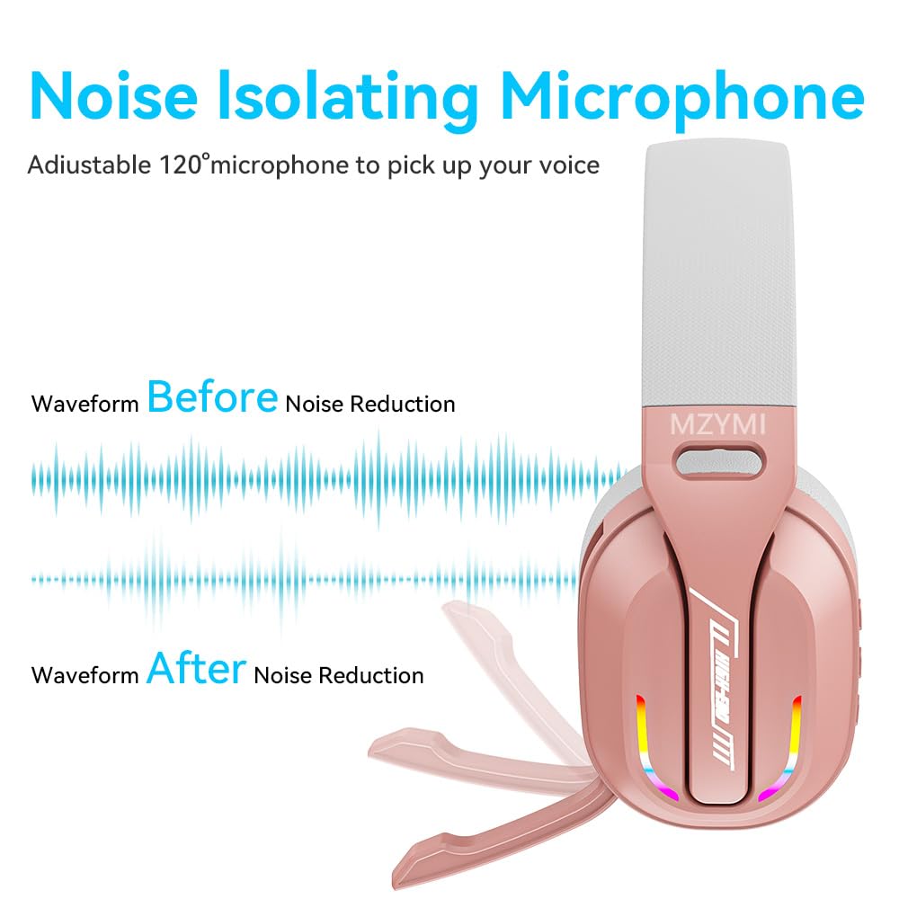 MZYMI 2.4GHz Wireless Gaming Headset for PC, PS5, PS4, Switch - Bluetooth 5.4, 20H Battery, with ENC Noise Canceling Microphone, Cool Lighting, 40mm