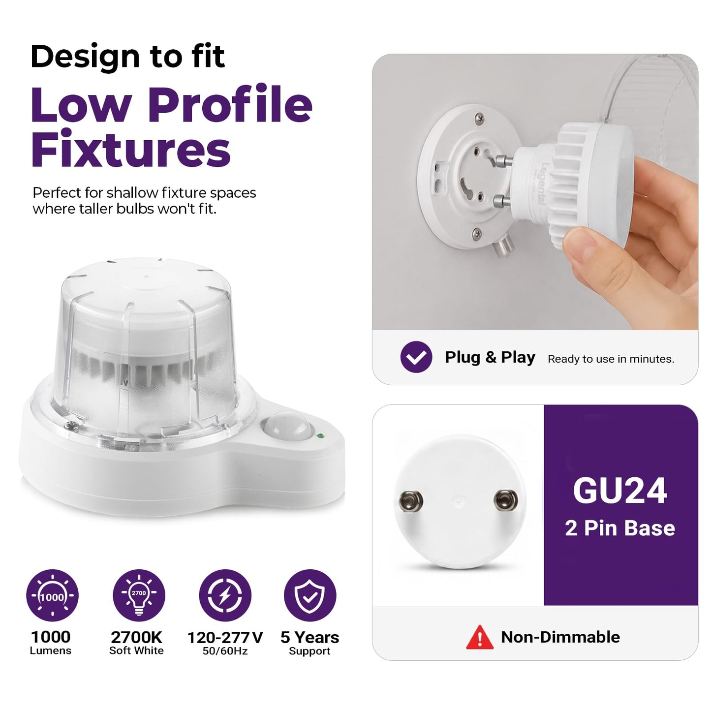 2.48" GU24 LED Mini Puck Light Bulb 2 Prong, 10W 1000LM 2700K Soft White