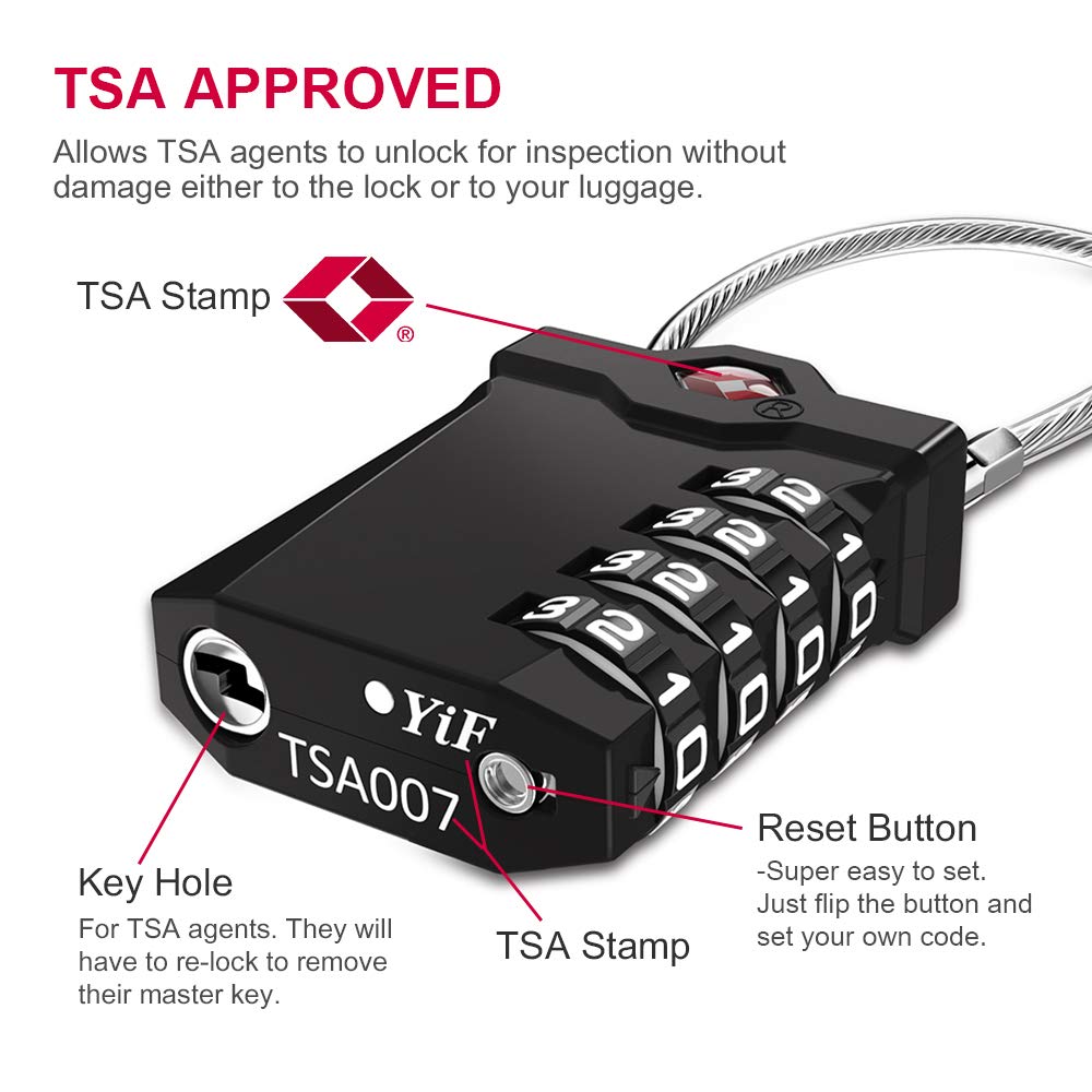 ZHEGE TSA Approved Luggage Lock – Black Combination Padlock with 5.5" Flexible Cable, 10,000 Code Options for Suitcases, Backpacks & Bags