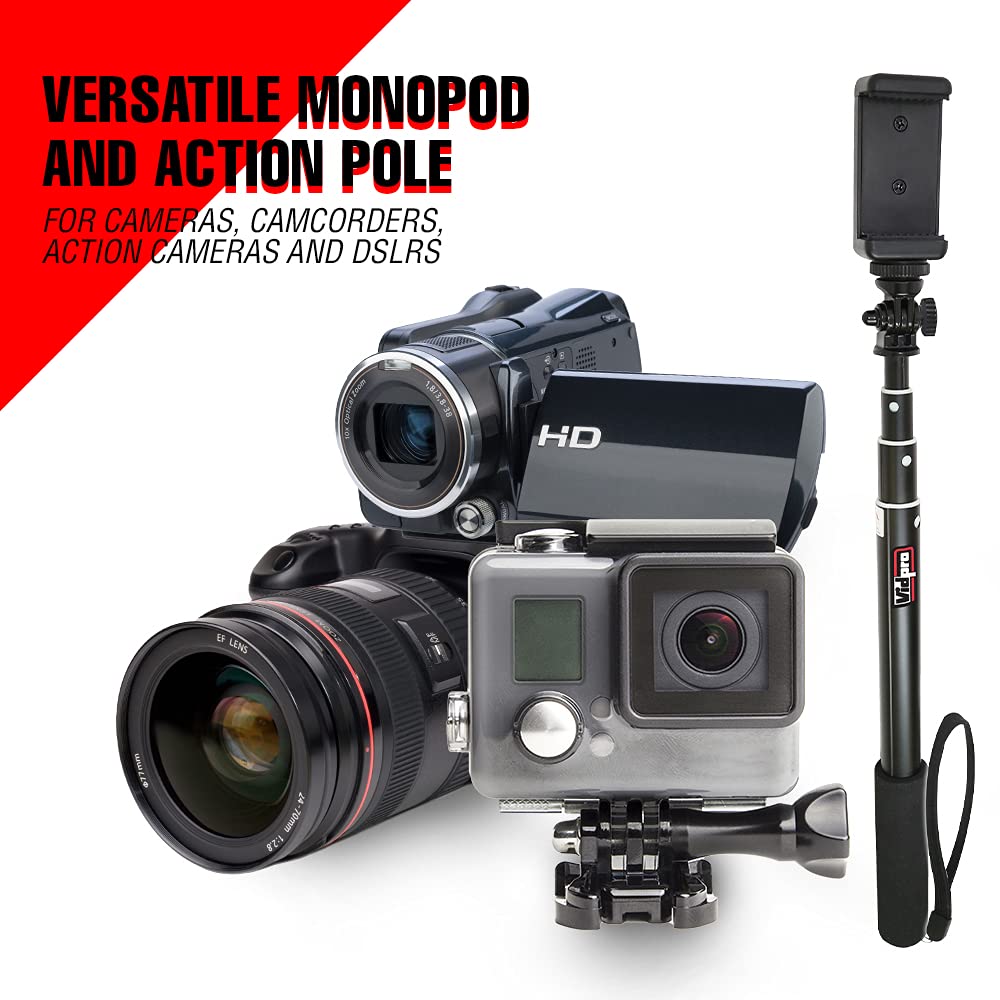 Vidpro MP20 Action Pole Lightweight 36inch Extendable Aluminum Monopod Collapses down to 10 inches Includes Integrated Mount for GoPro Phone Clamp