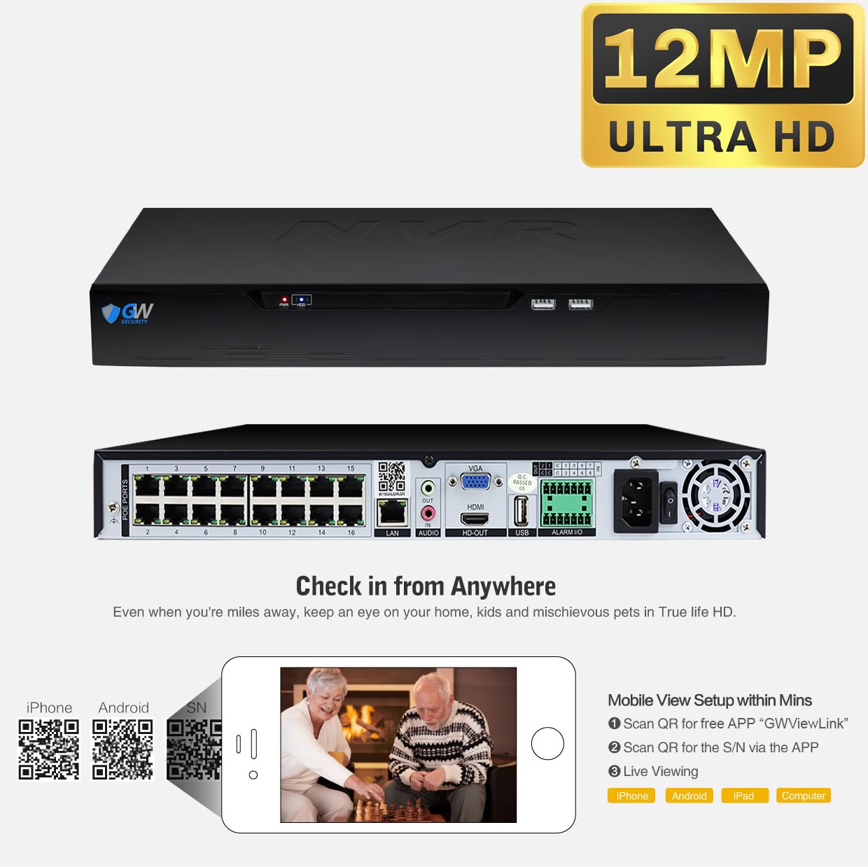 GW Security 16 Channel NVR UltraHD 12MP 4K @30FPS Face/Human/Vehicle Detection PoE Security Camera System with 12 x 12MP IP Microphone Smart AI Dome