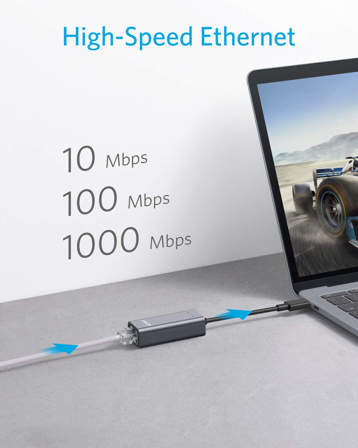 Anker USB C to Ethernet Adapter, Portable 1-Gigabit Network Hub, 10/100/1000 Mbps, for MacBook Pro, iPad Pro 2019/2018, ChromeBook, XPS, Galaxy S9/S8