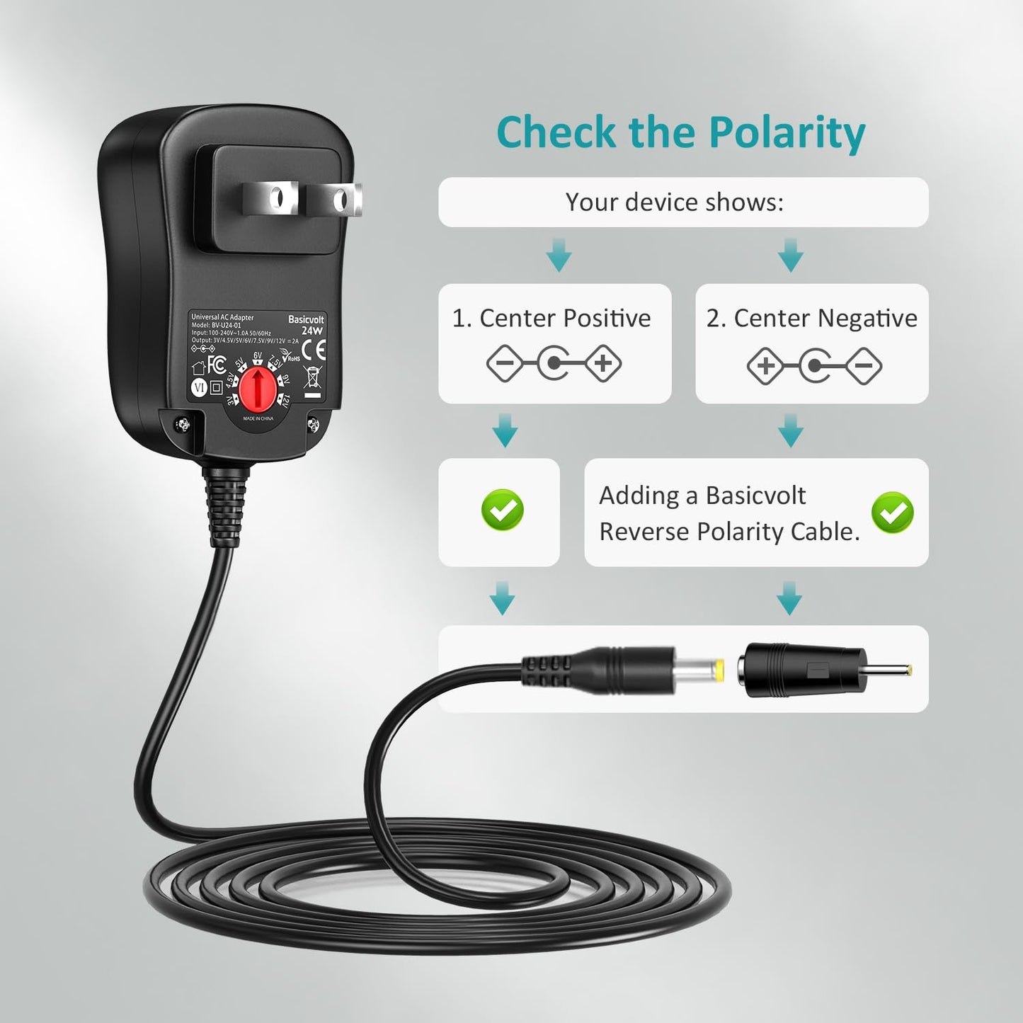 Basicvolt 24W 3V 4.5V 5V 6V 7.5V 9V 12V Universal AC/DC Adapter Multi-Voltage Regulated Switching Power Supply with 8 Round DC Plugs for LED Strip…