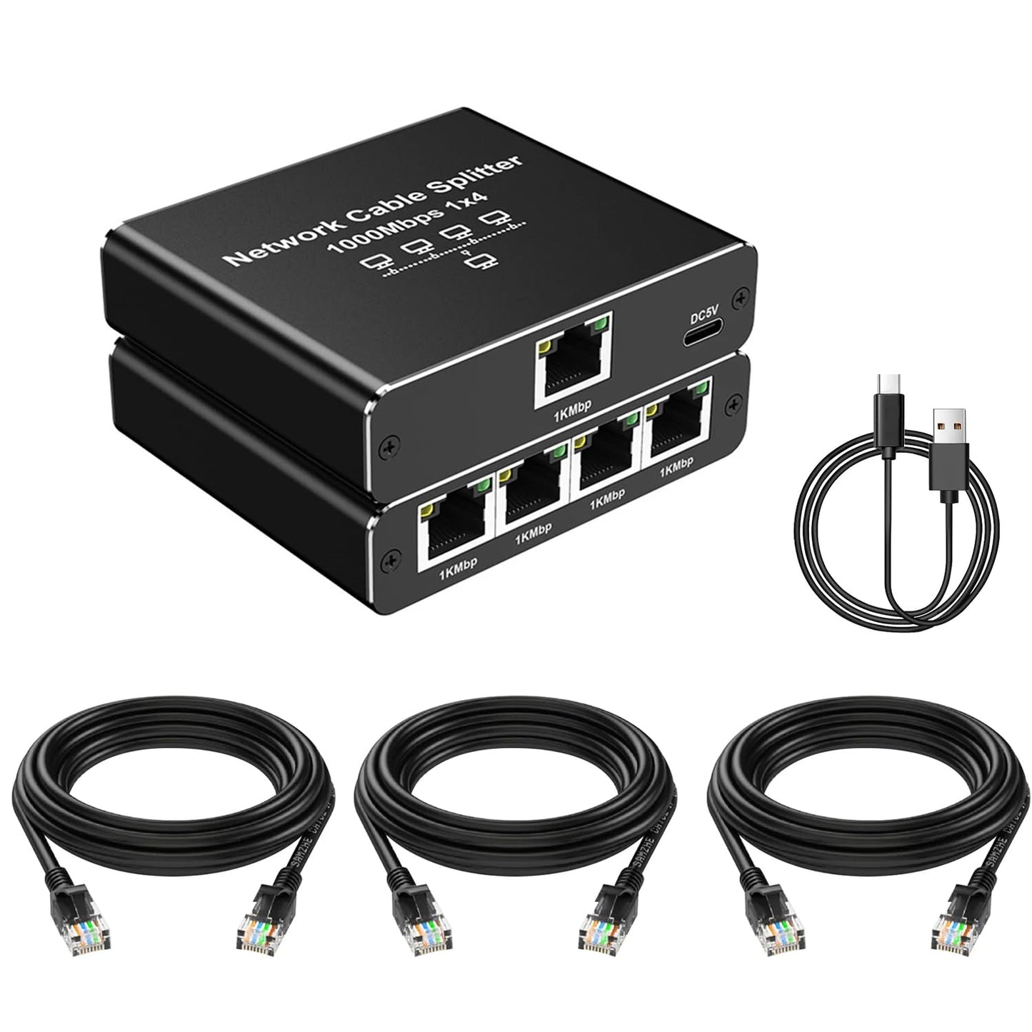 ShuoArmor 1 to 2/3/4 Port Gigabit LAN Splitter - 1000Mbps High-Speed Ethernet Hub | Compatible with Cat6/7/8 Cables | Plug & Play for PC/Laptop/Router
