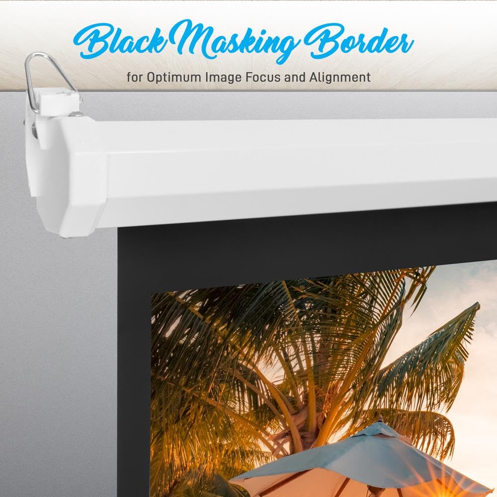 Pyle Manual Pull Down Projector Screen - Universal 100-inch Roll-Down Retractable Manual Screen w/ Auto-Locking, Adjustable Screen Height, Black Masking Border -Home PRJSM1006
