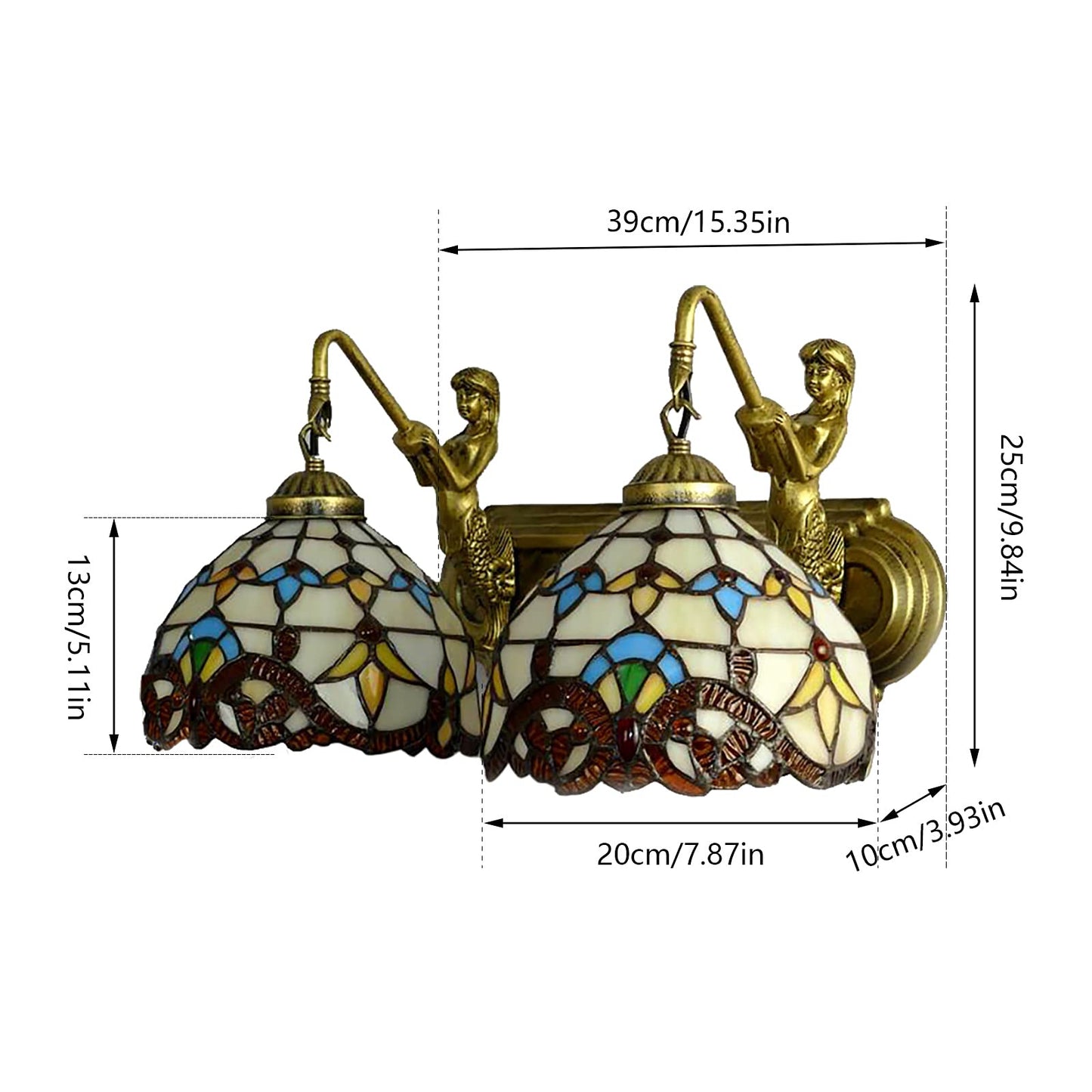 FFanhia Wall Sconce Vintage Style Stained Glass Bowl Wall Fixtures 2-Light Wall Light in Antique Brass with Mermaid for Bedroom Hallway Stairway