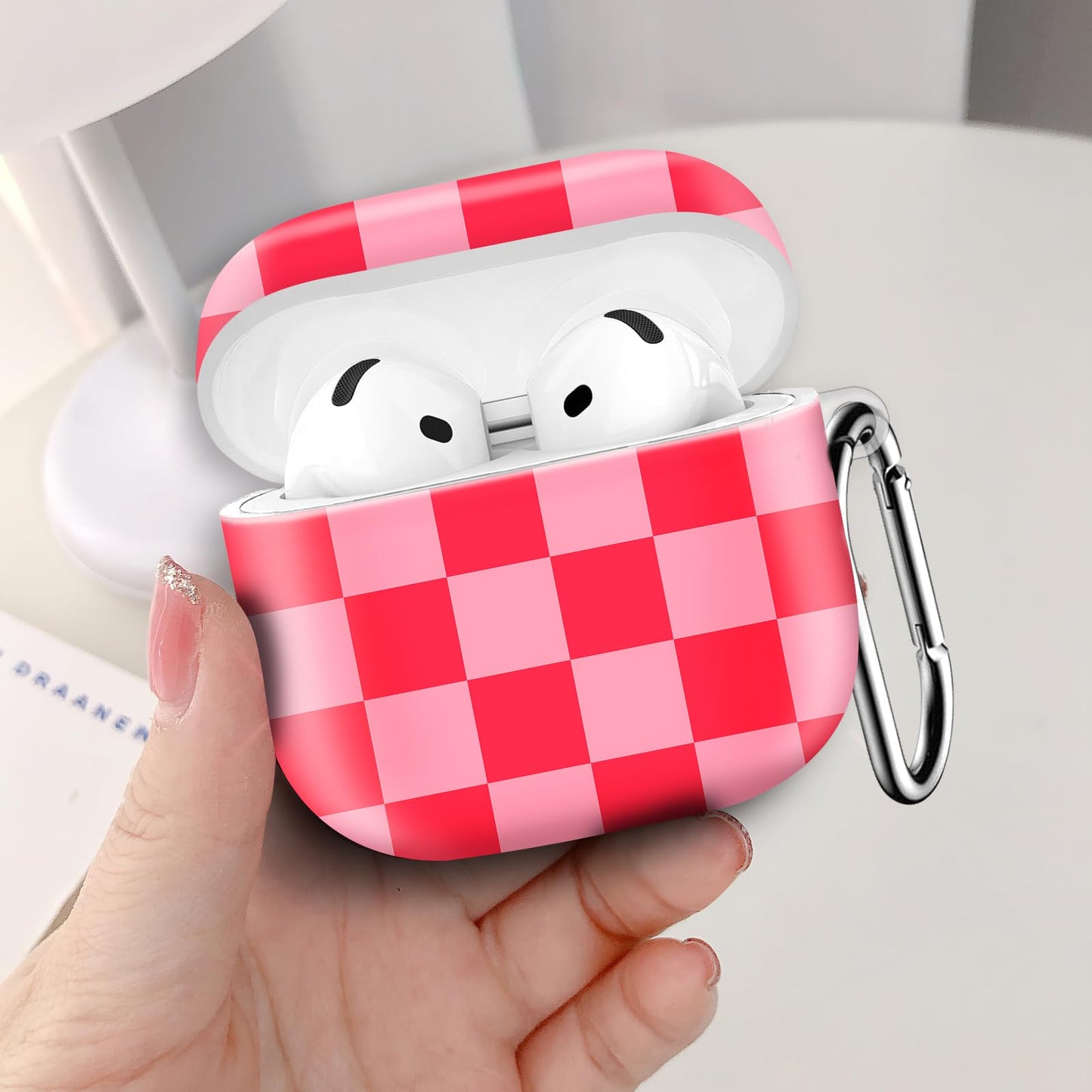 Compatible with AirPod 4th Generation 2024 Case, Shockproof Anti-Drop Protective Cover, Cute Case for Women Men with Keychain(Pink Red Plaid)