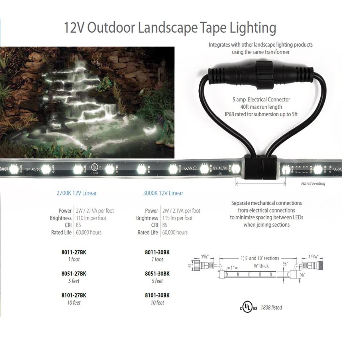 WAC Landscape Lighting, LED 12VDC Indoor and Outdoor IP68 Submersible Strip Light 2W per Foot 3000K 1ft Length