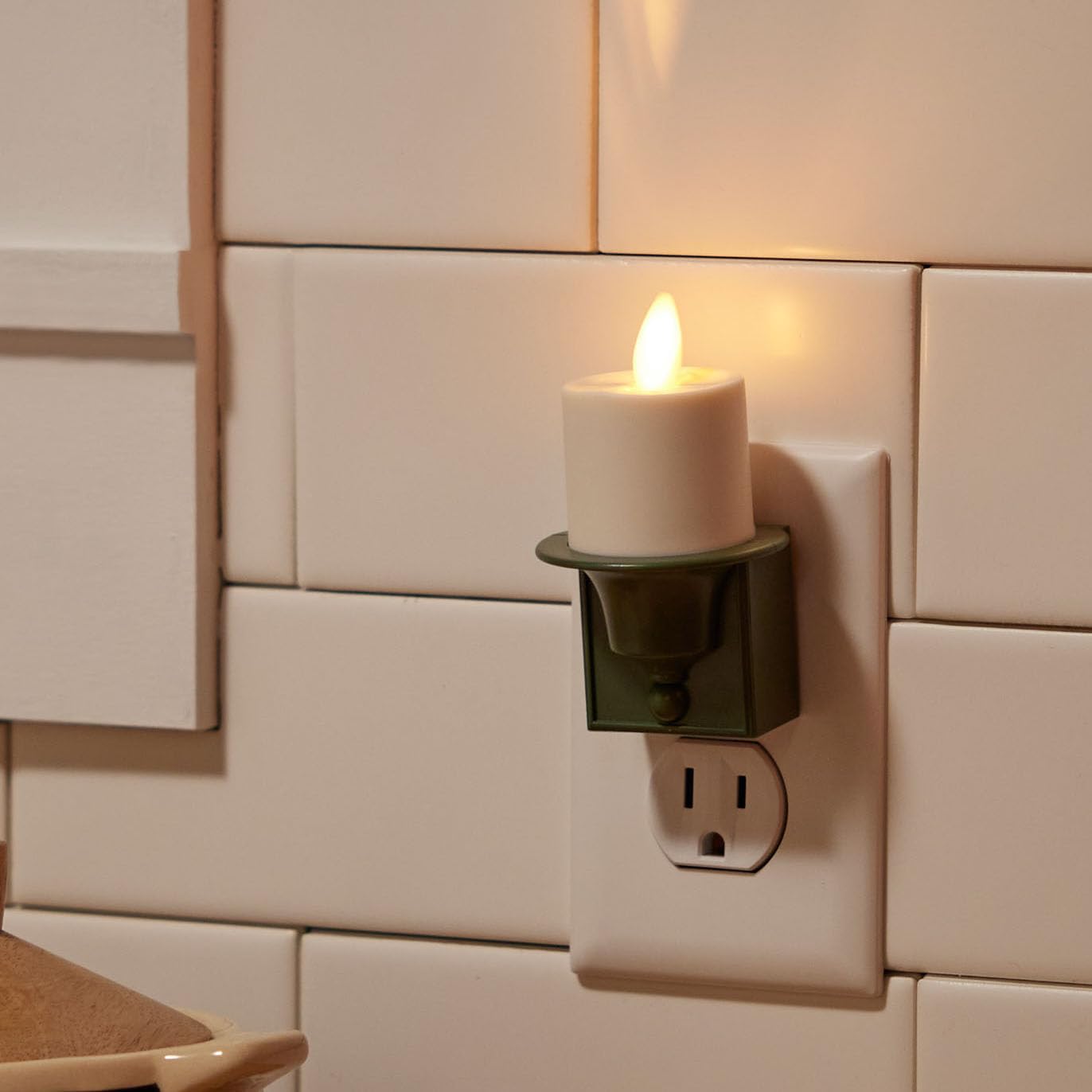 Luminara Flameless Candle Nightlight w/Dusk to Dawn Light Dark Auto Sensor, Loden Green Wall Plug Indoor Night LED Light w/Real-Flame Effect