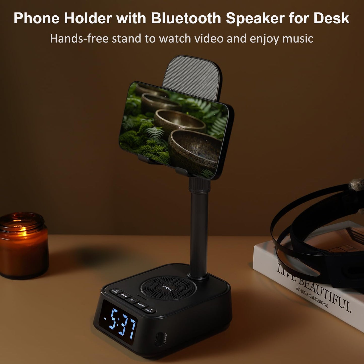 ASEAT Gifts for Men Women, Adjustable Phone Stand Bluetooth Speaker, Birthday Gifts Him Husband, Phone Holder for Kitchen Desk Bedroom, Cool Tech