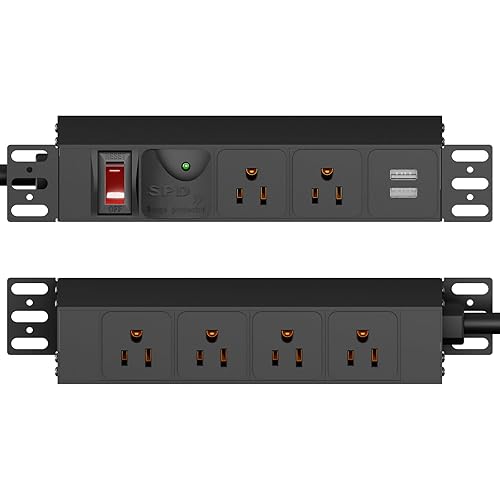 10 inch Rack PDU, 1U 6 Outlets(2 in front, 4 in back),1020J Surge Protection and 15A Overload Switch & 2 USB-A, Rack Mount Power Strips for 10'' Mini