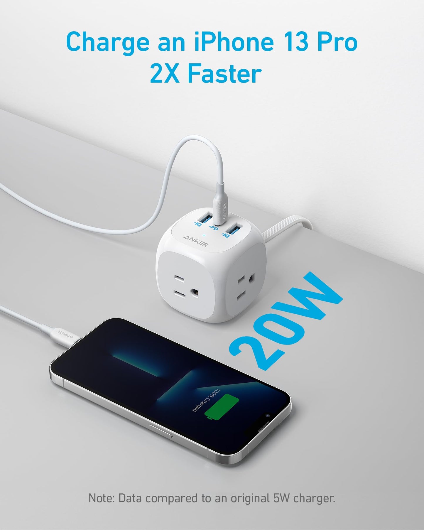 Anker 321 Power Strip with 20W USB-C, 3 Outlets and USB-C Charging for iPhone 15/14 Series, 5 ft Thin Cord and Flat Plug, Power Delivery, for Dorms