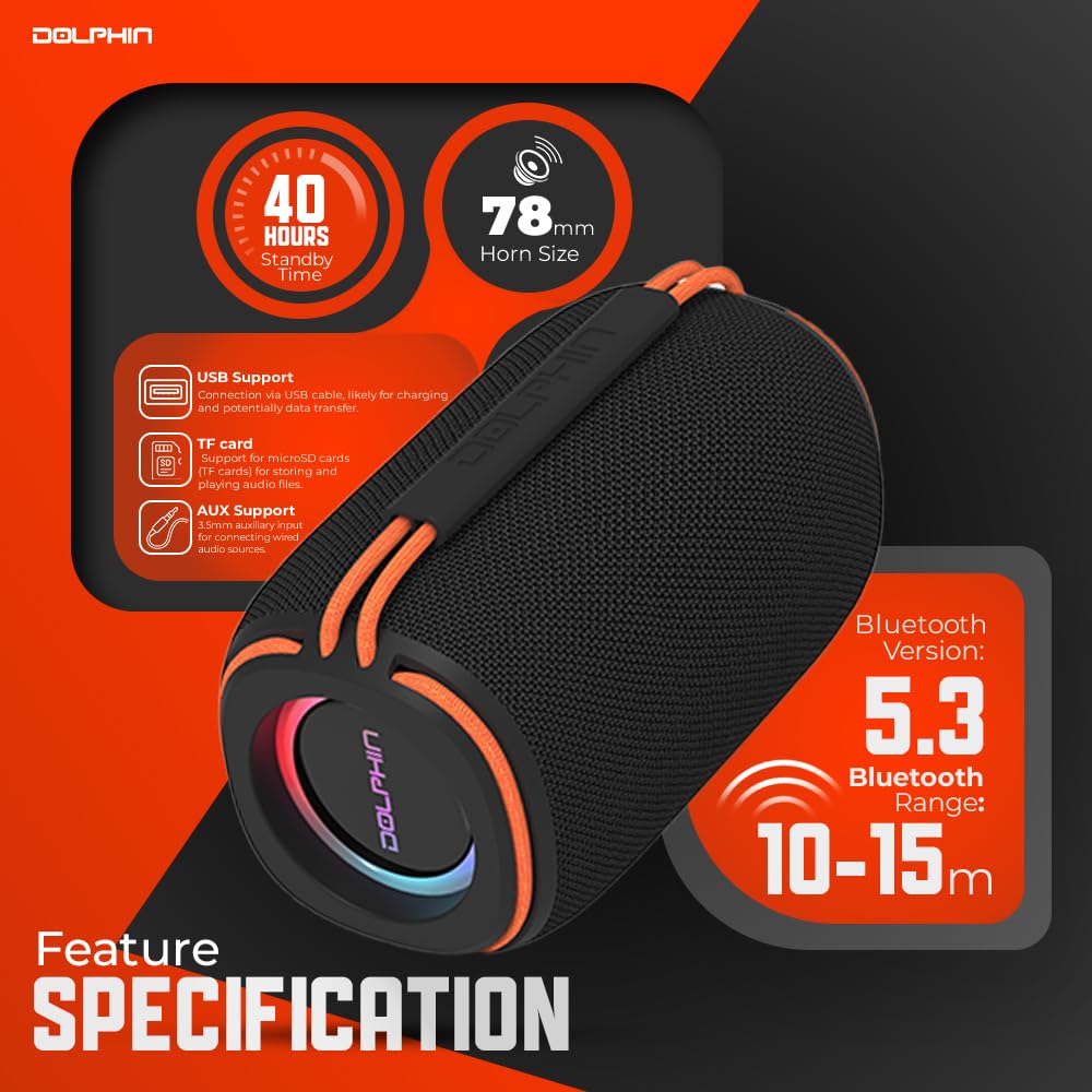 Dolphin® Audio DR30 Diver Sport™ 15-Watt-Continuous Mini Bluetooth® TWS Waterproof Portable Speaker with Lights