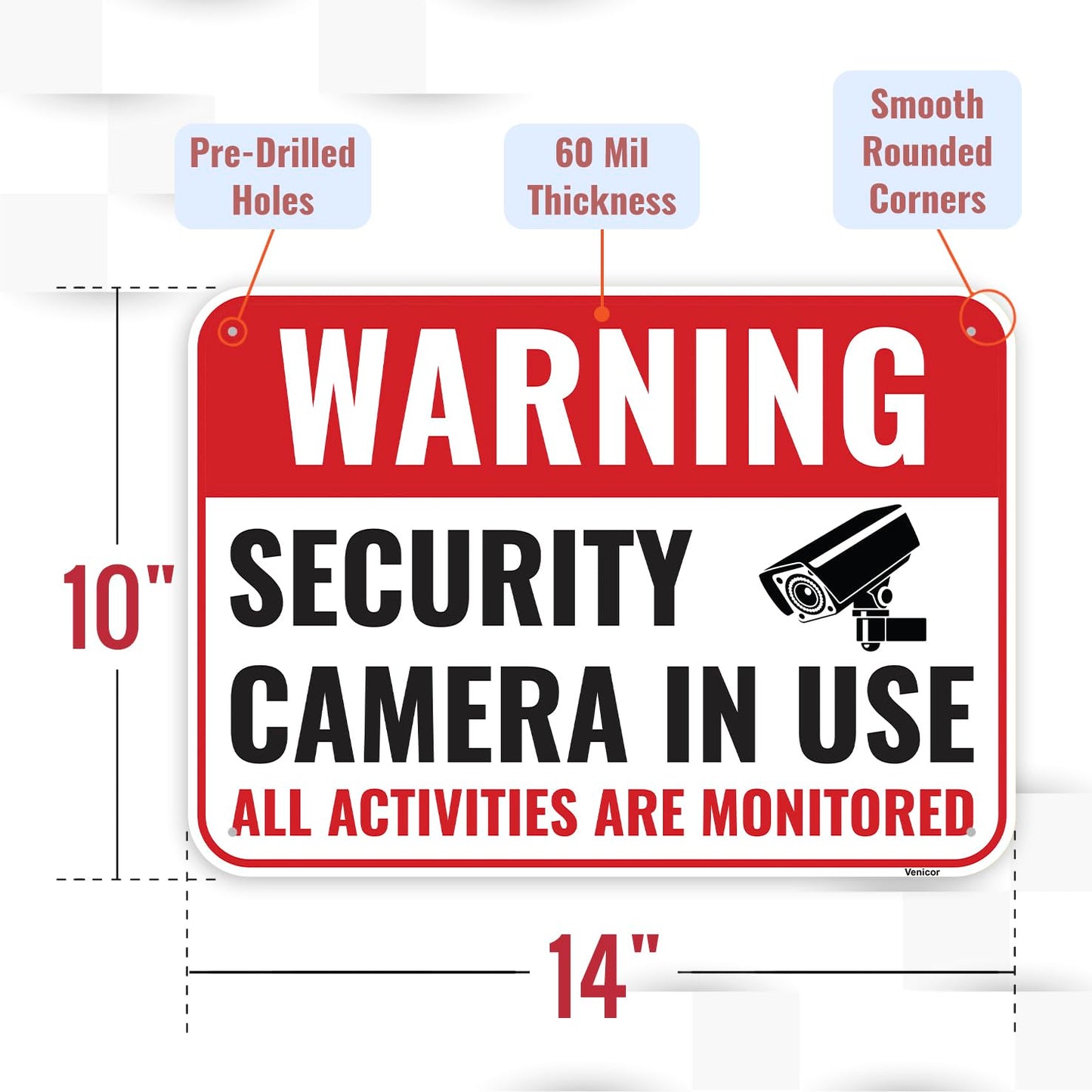 2PC Security Camera In Use Sign, 14 x 10 Inches - Aluminum - Warning All Activities Are Monitored
