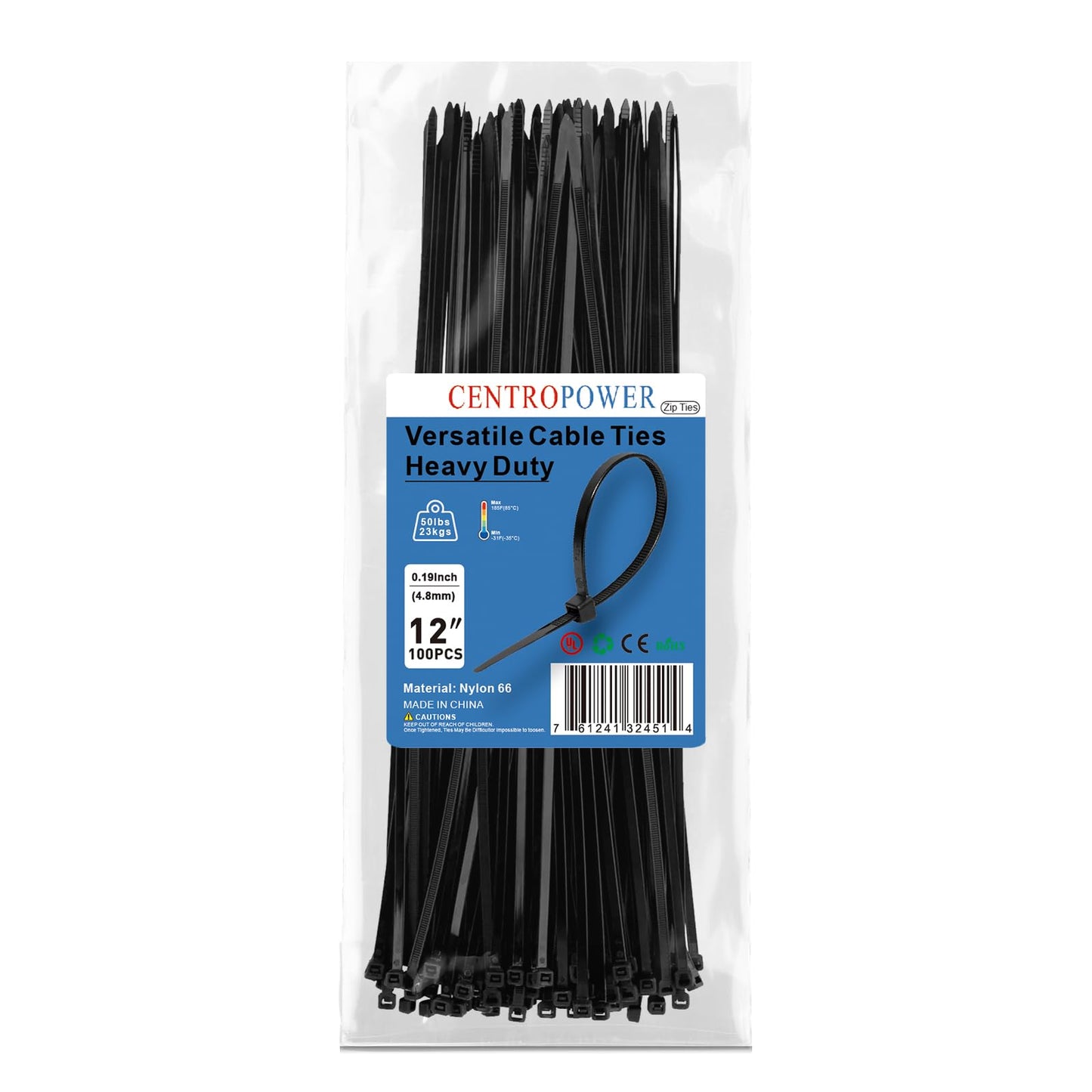 CENTROPOWER Zip Ties 12 Inch 100 Pack Heavy Duty 50 Lbs Tensile Strength - UV Resistant Self-Locking Black Nylon Cable Ties for Indoor and Outdoor