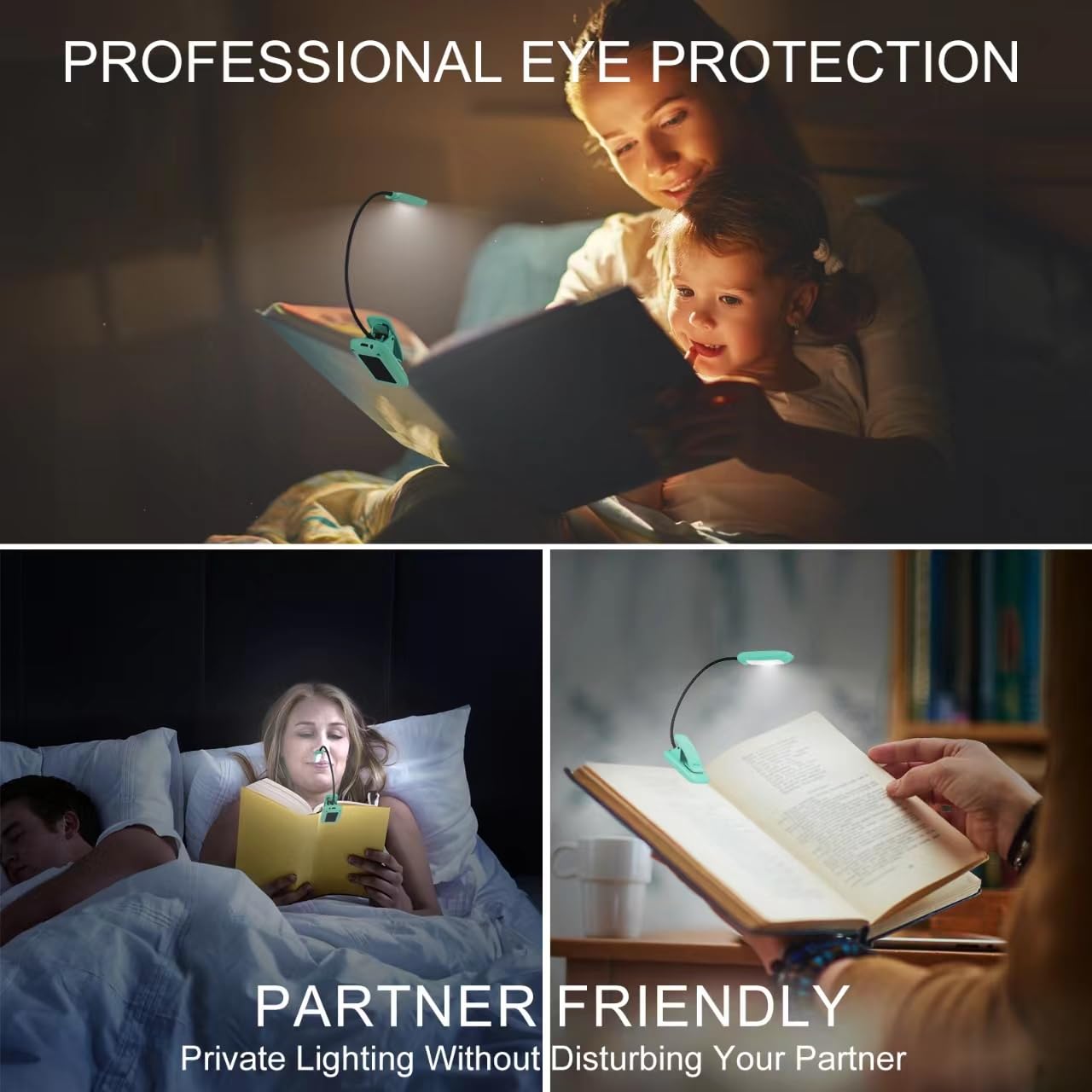 BIGMONAT Rechargeable Book Reading Light, Portable Bendable Neck, Brightness Adjustable with Eye Care Reading, Warm & White LEDs, Perfect for Kids