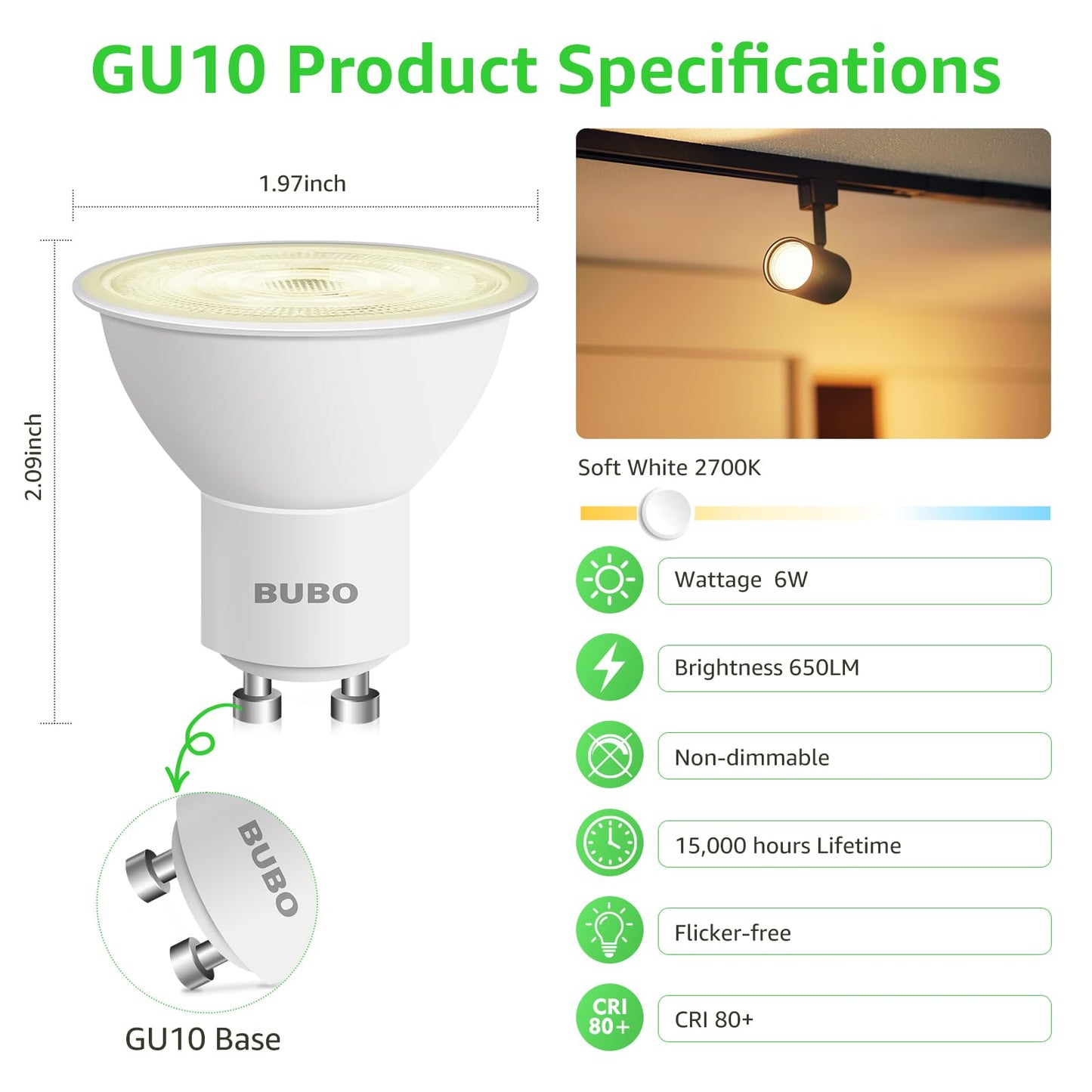 BUBO GU10 LED Bulb 6W Equivalent 50W, 2700K Soft White 650 Lumens, Non-Dimmable GU10 Bulb Replacement for Track Lighting, MR16 LED Bulb for Kitchen