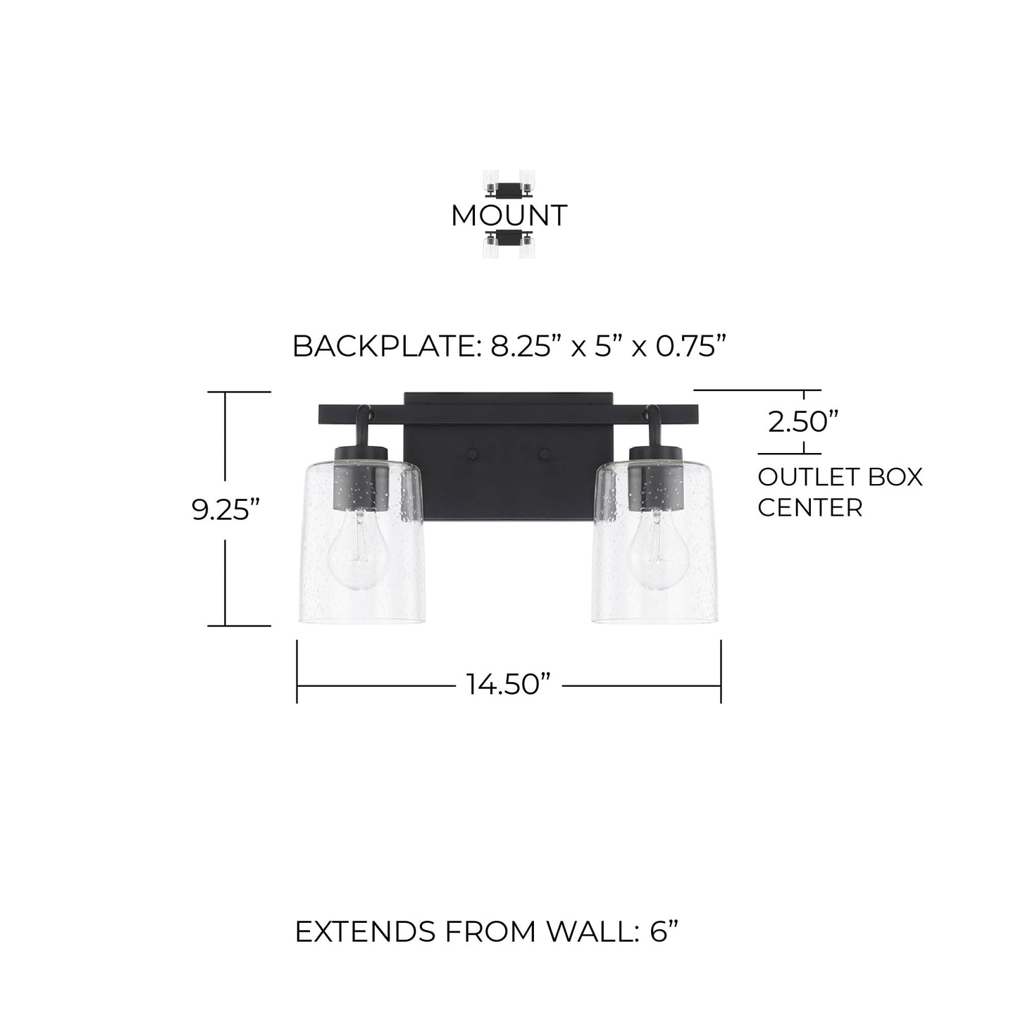 HomePlace Lighting 128521MB-449 Greyson Urban/Industrial Clear Seeded Glass Bathroom Vanity Wall Light, 2-Light 200 Total Watts, 9" H x 15" W, Matte