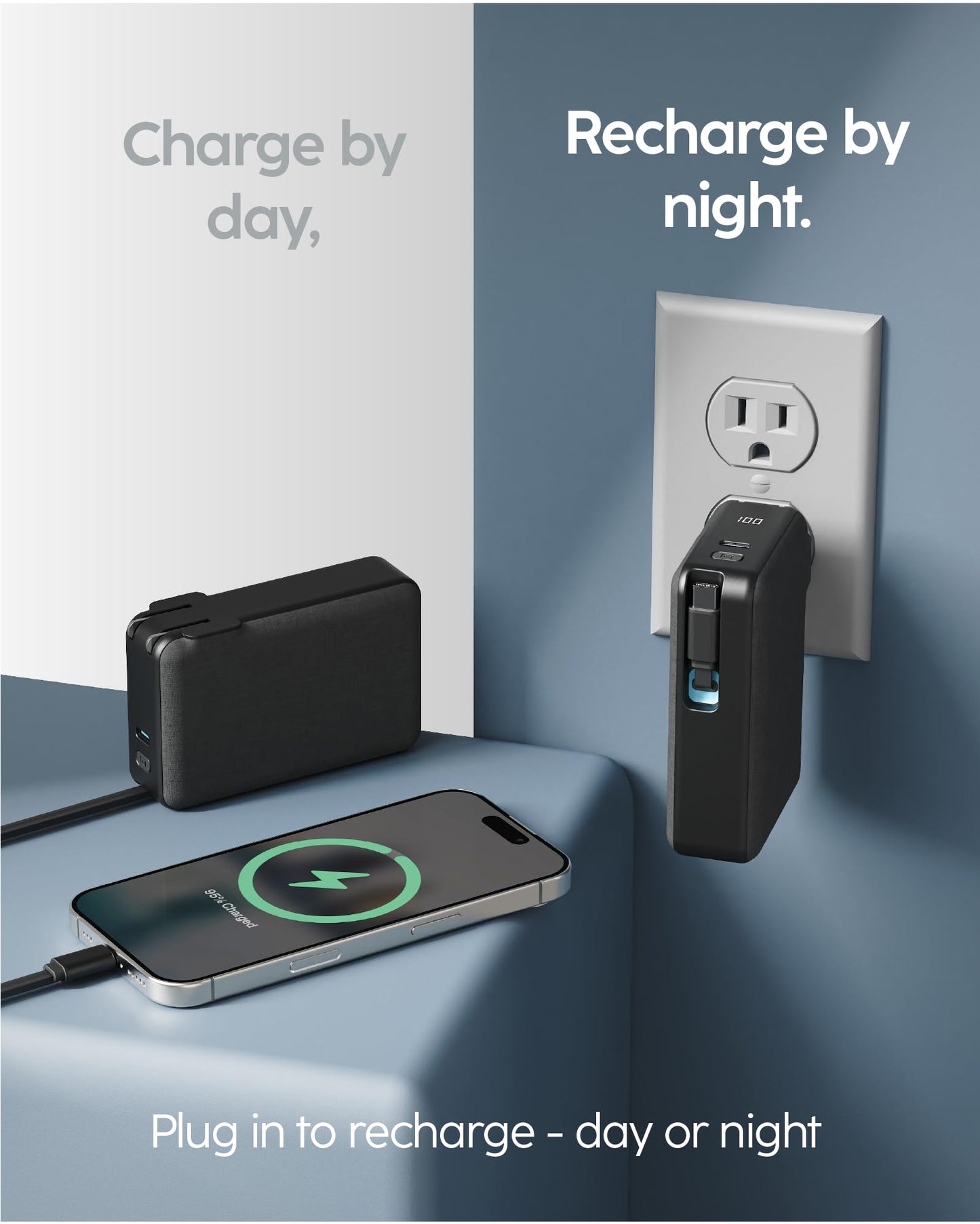 myCharge RetractaCharger 5000mAh Portable Charger Power Bank with 28-Inch Retractable USB-C Cable | Premium Fabric | Built-in Wall Plug | Digital