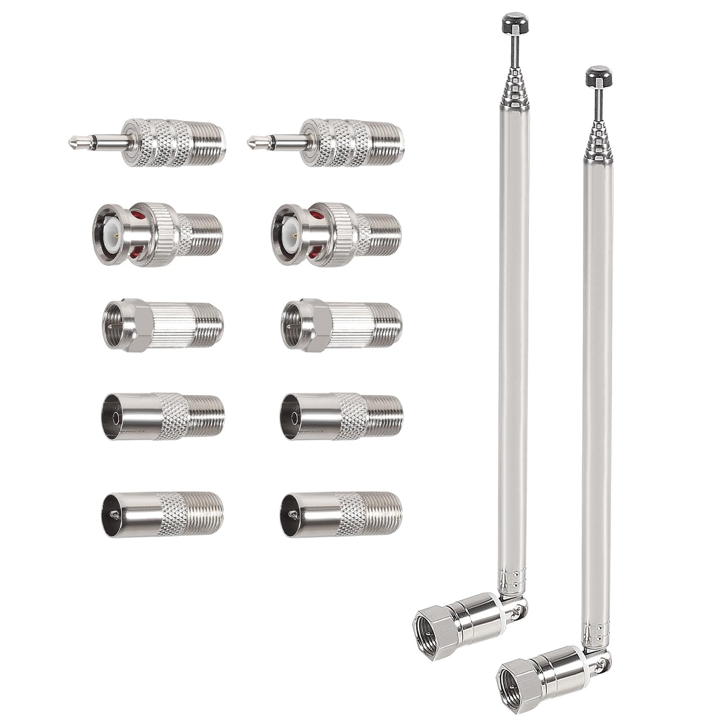 2pcs FM Antenna Telescopic 75 Ohm Screw F Male Plug Antenna with PAL BNC 3.5mm Jack Connector Adapter FM Radio Antenna for AV Stereo Receiver Home