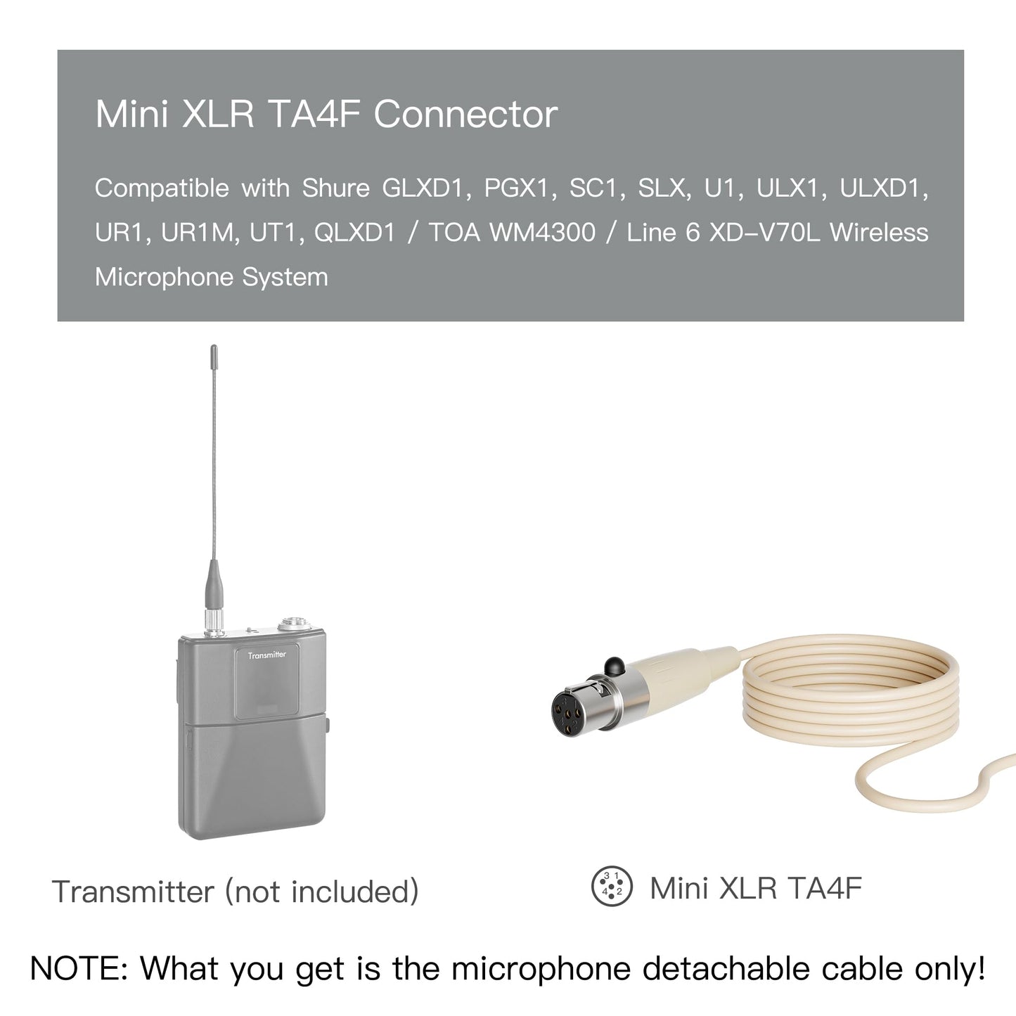 J K Mini XLR TA4F Detachable Cable for JK MIC-J 071S Headset Headworn Microphone