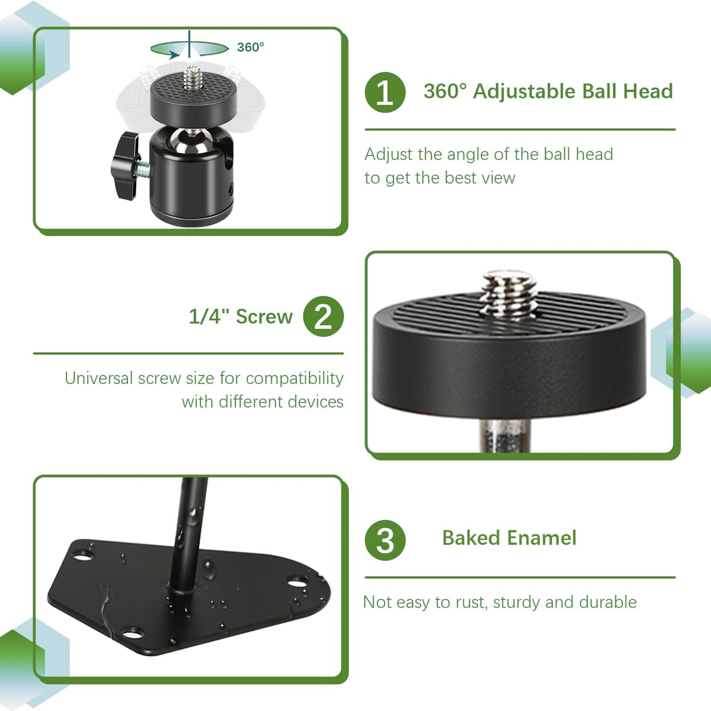 Heavy Duty Camera Wall Mount Bracket, 360 Cam Mount with 1/4 Inch Thread, Metal Security Camera Mounts, Camera Holder for Surveillance Cameras, Solar