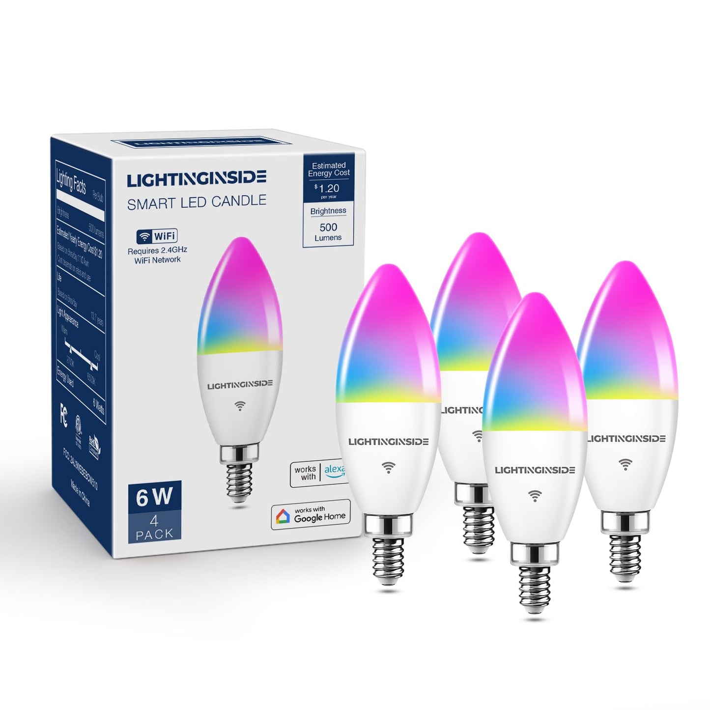 Lightinginside Smart E12 LED Bulbs 60W Work with Alexa/Google Home, 4PCS