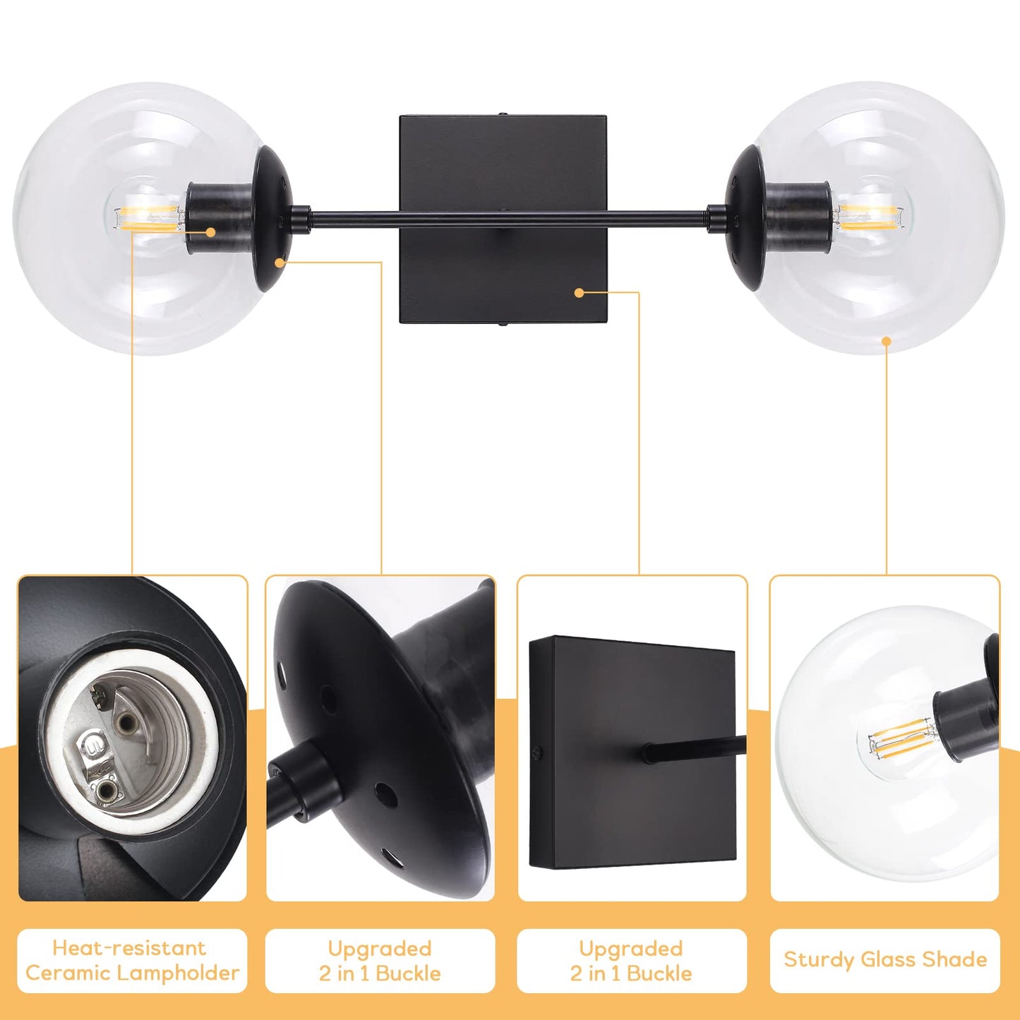 Ynzefly Wall Sconces Black, 2-Lights Mid Century Modern Bathroom Vanity Lights with Clear Glass Globe Shades Industrial Wall Light Fixtures