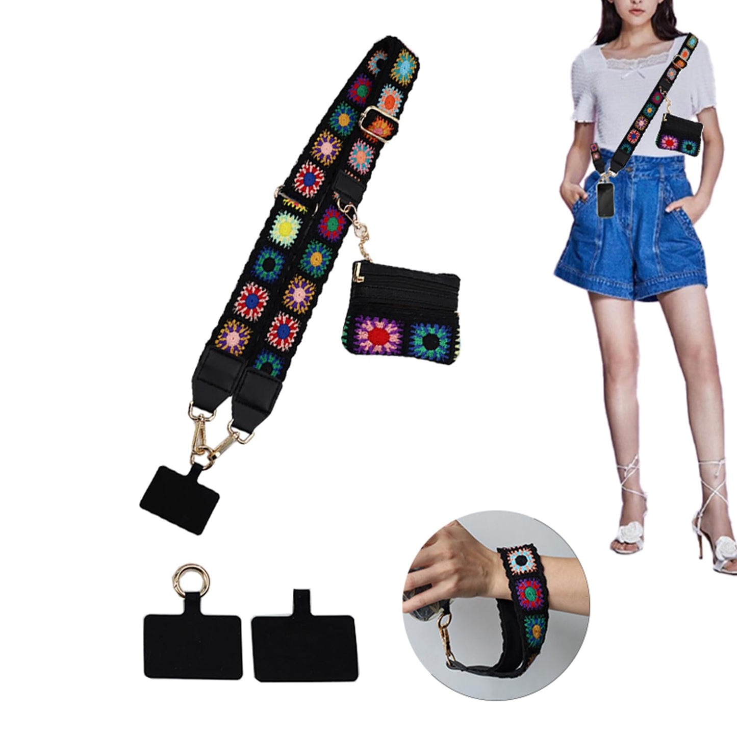 KSOPUERT Crossbody Phone Strap with Zippered Pouch,Clip and Go Strap for Phone with Wallet Crossbody,Adjustable Cell Phone Lanyard Wrist/Neck