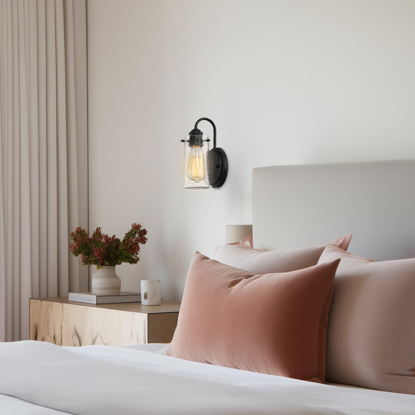 Kira Home Rayne 9.5" Modern Farmhouse Wall Sconce, Black Gooseneck Wall Light with Tapered Seeded Glass Shade, Matte Black Finish