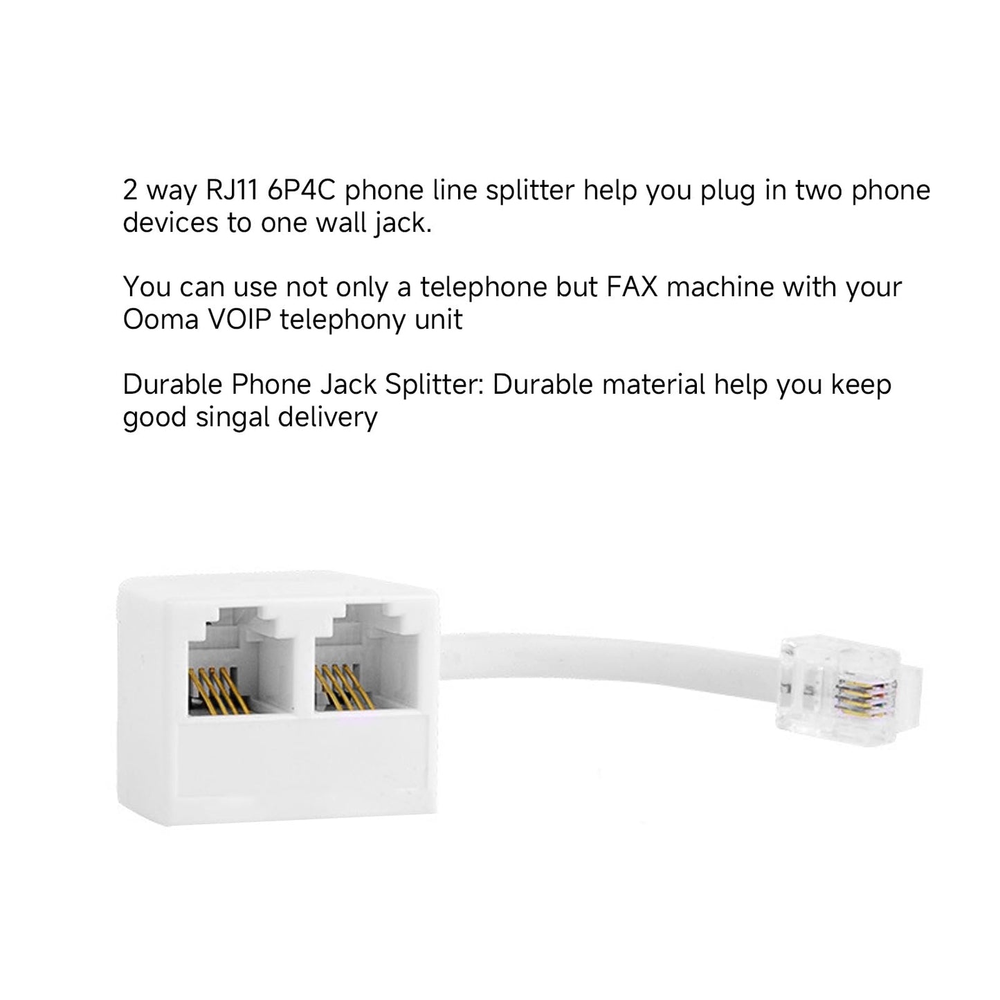 2Pcs Phone Line Splitter, Male to Dual Female 6P4C Telephone Adaptor Splitter, ABS Two Way Phone Splitter, White RJ11 Cable 2 Way Telephone Splitter