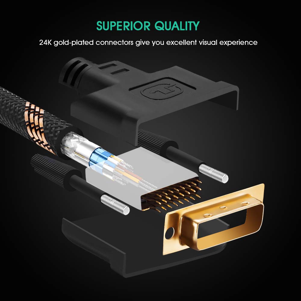 DVI to DVI Cable 50Ft,Nylon Braided DVI-D 24+1 Dual Link Male to Male Digital Video Cable Gold Plated with Ferrite Core Support 2560x1600 for Gaming