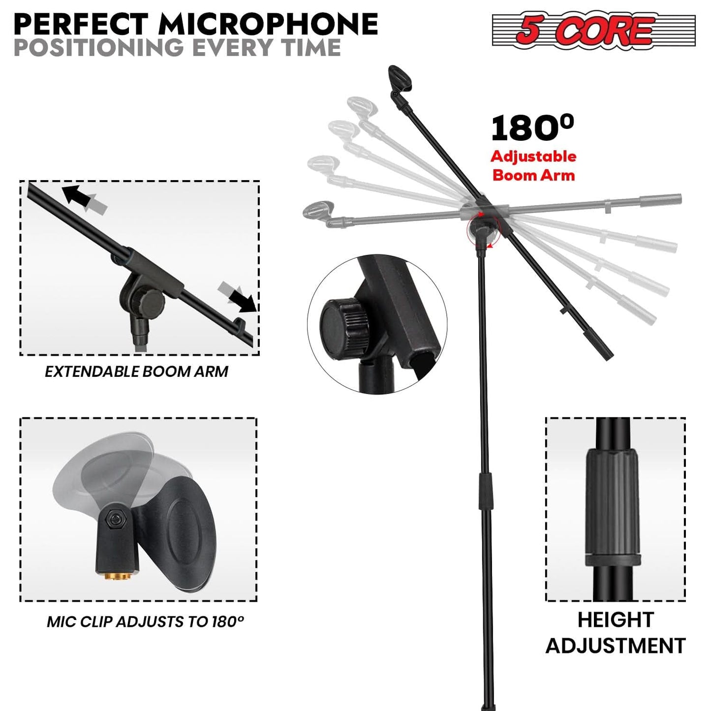 5 Core Mic Stand Floor Pair Universal Height Adjustable Tripod Microphone Stands w Extending Telescoping Boom Arm - MS 080 2Pcs
