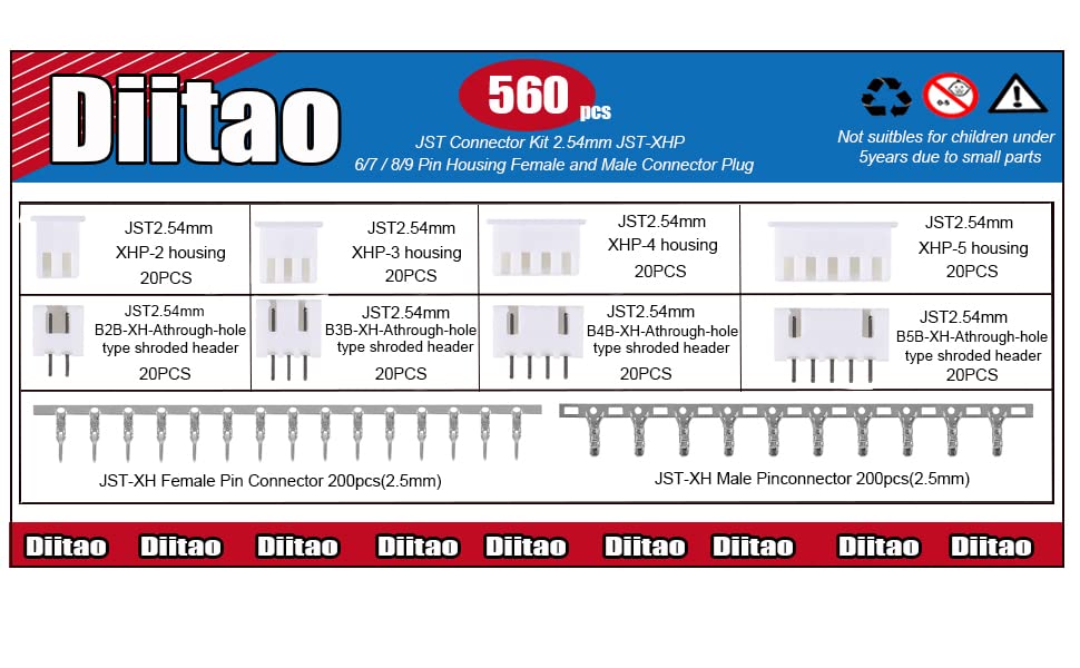Diitao 560PCS for JST Connector Kit for JST-XHP 2/3/4/5 Pin Housing Female and Male Connector Plug, Adapter Cable Connector 2.54mm Male Female Pin