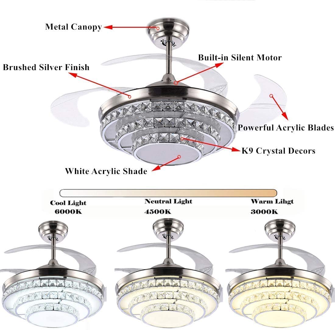 RuiWing Home 42" Crystal Ceiling Fan with Light Modern LED Chandelier