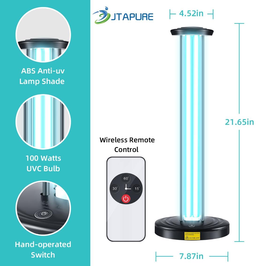 JTAPURE 100W UV Light with Ozone, Disinfection Lamp for Whole Room