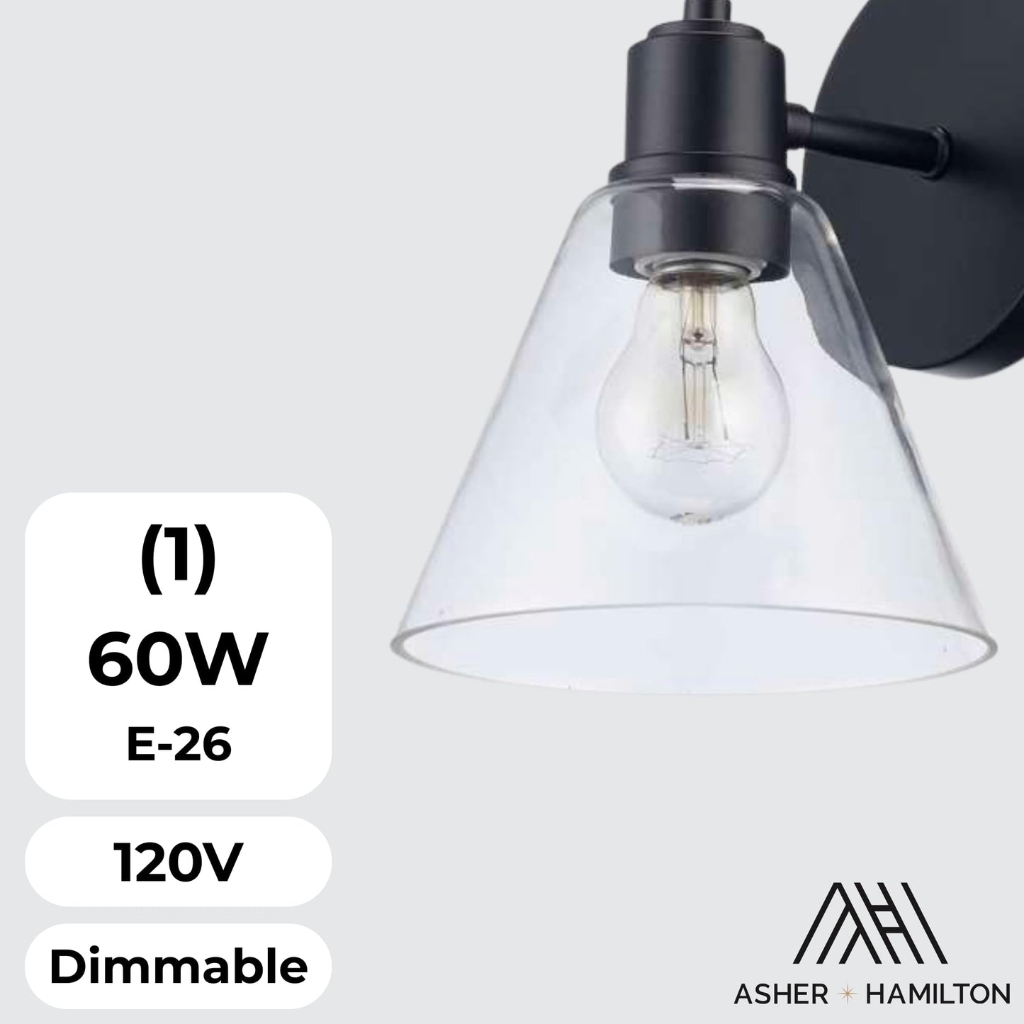 Asher Hamilton AHW-203BKCL 1 Light Boden Wall Sconce | One E26 Medium Base Bulb Required Sold Separately | 60 Watt Max | Damp Rated for Interior Use |