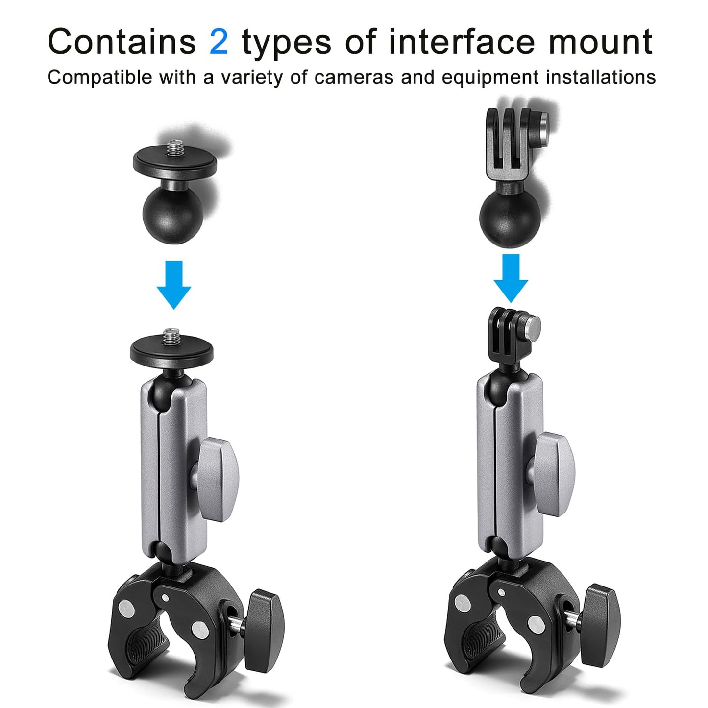 Suptig Camera Mount Super Clamp Pole Mount Tripod Clamp for Phon, Gopro Hero 13 Hero 12 11 10 9 8 7 6 5, Gopro max2, Insta 360, DJI osmo Canon DSLR