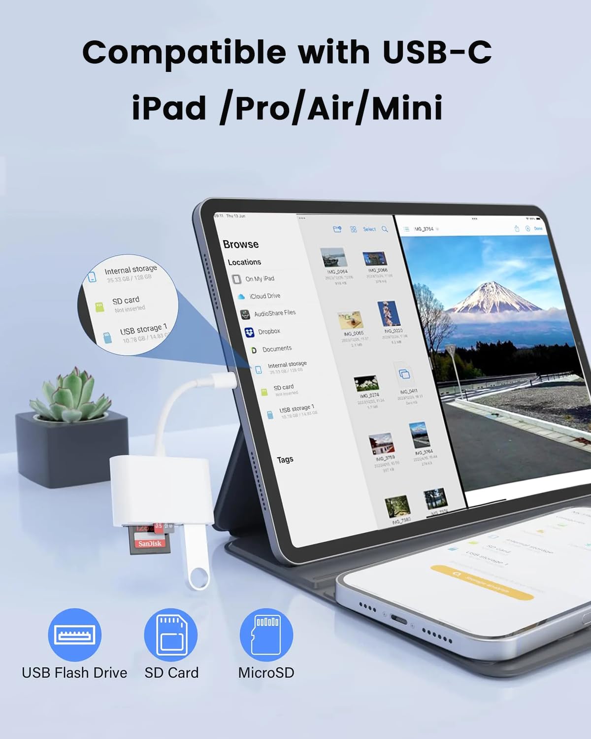 USB C SD Card Reader Adapter, 3 in 1 USB Type C to USB OTG Memory Card Adapter for TF SD Micro SD Cards Compatible with MacBook Pro Air/iPad
