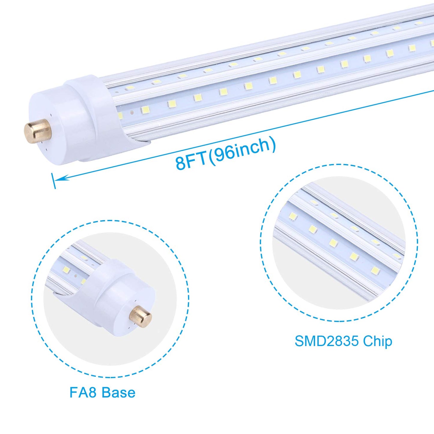 8 foot led tube light bulb,T8 Single Pin FA8 Base Double Side V Shape Chip 270 Degree Lighting,6000k Clear Cove(4-Pack)